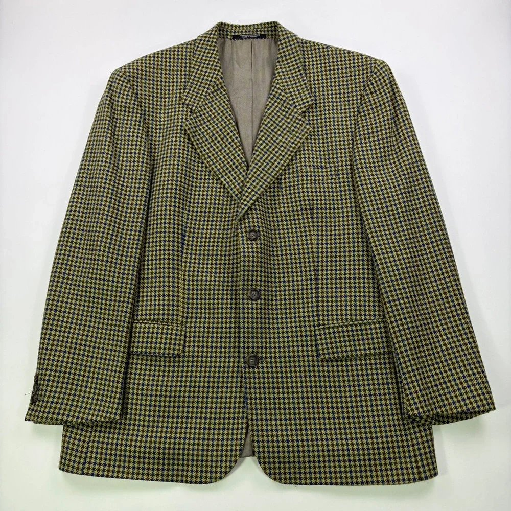 VTG Alandales Ermenegildo Zegna Wool Sport Coat Mens 42R Tan Houndstooth Blazer